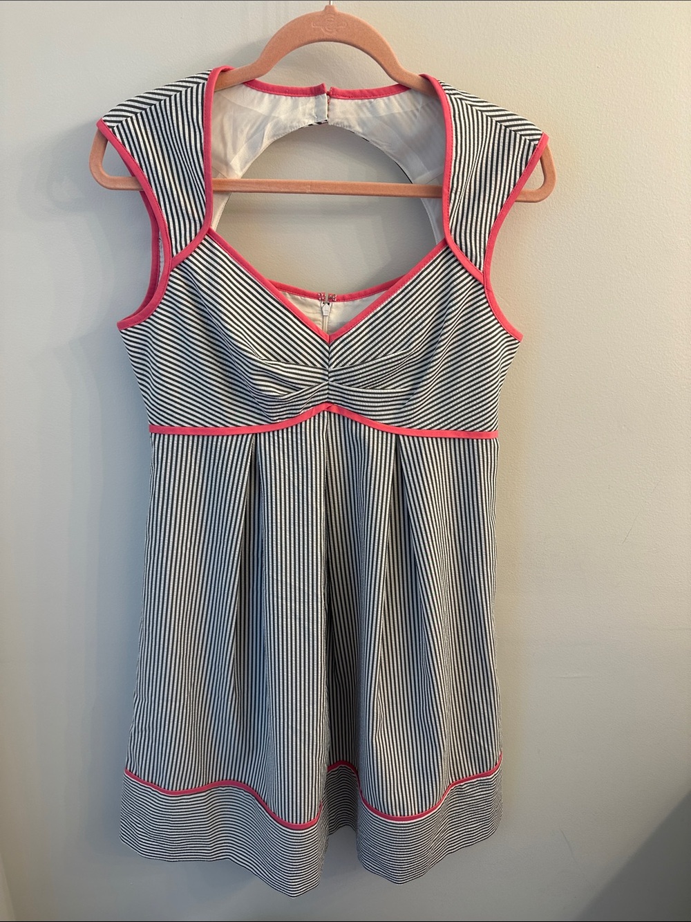London Times Navy and White Striped Mini Dress with Pink Trim